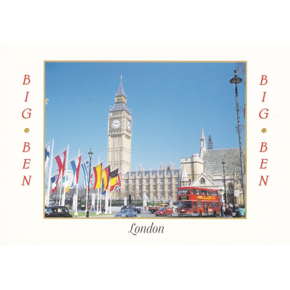 1999 London Big Ben Red Bus Postcard British Travel Chrome Unposted